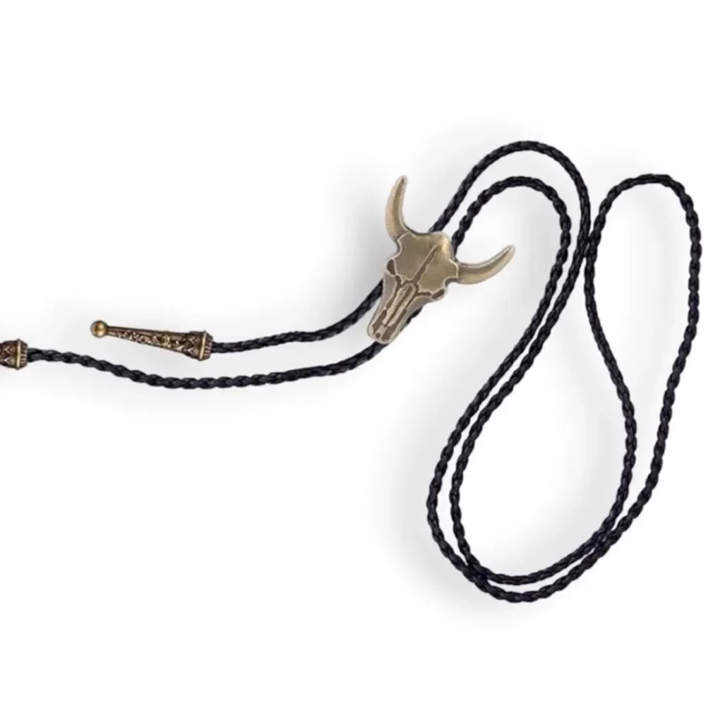 Vintage Brass Bull Skull Bolo Tie Cowboy Necktie - NEW
